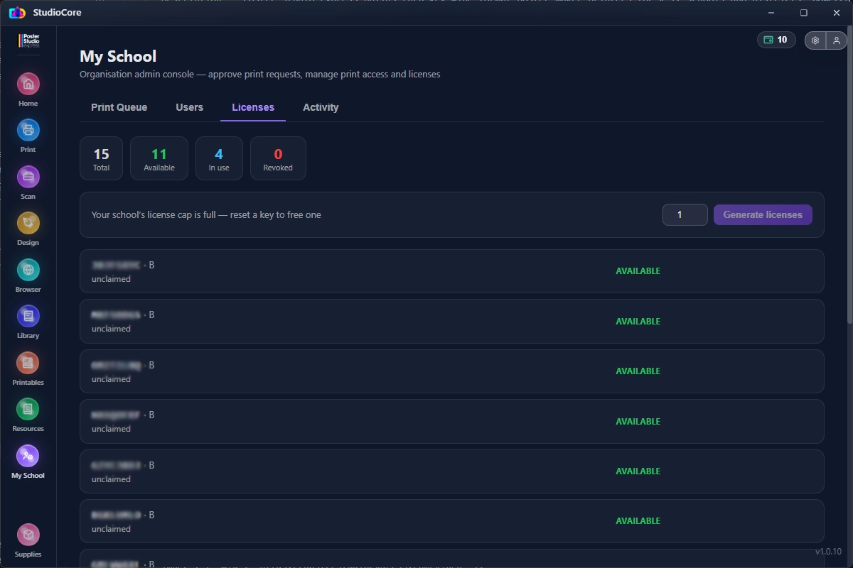StudioCore My School admin console Licenses tab showing total, available, in-use, and revoked license counts
