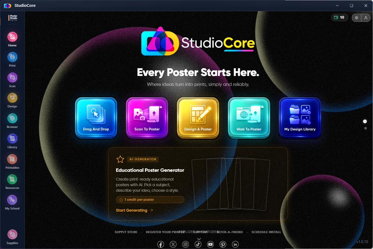 StudioCore home screen with one-click Drag and Drop, Scan to Poster, Design a Poster, Web to Poster, My Design Library, and the AI Educational Poster Generator