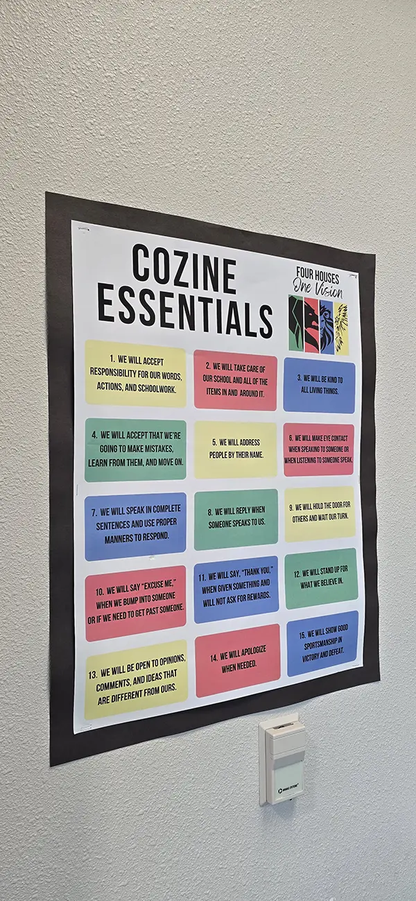 Cozine Essentials poster listing 15 school expectations for the four houses at Steve and Linda Cozine Elementary School