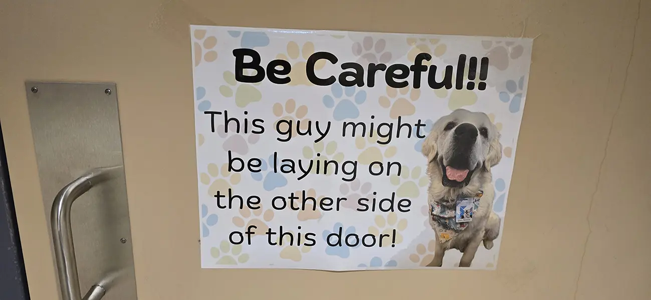 Be Careful door sign with a photo of the school dog at Steve and Linda Cozine Elementary School