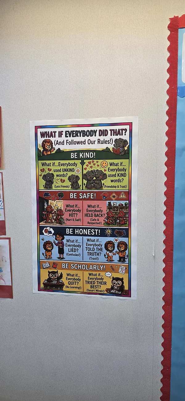 What If Everybody Did That? poster illustrating the be kind, be safe, be honest and be scholarly rules at Steve and Linda Cozine Elementary School