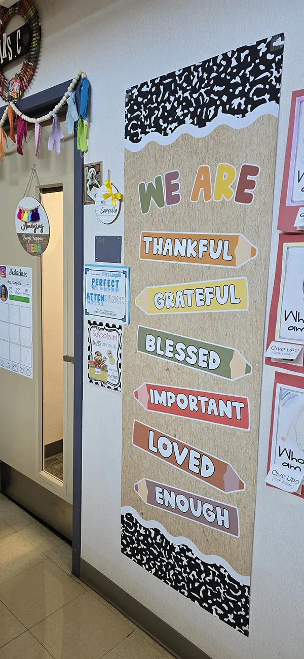 We Are Thankful, Grateful, Blessed classroom door poster with pencil graphics at Steve and Linda Cozine Elementary School