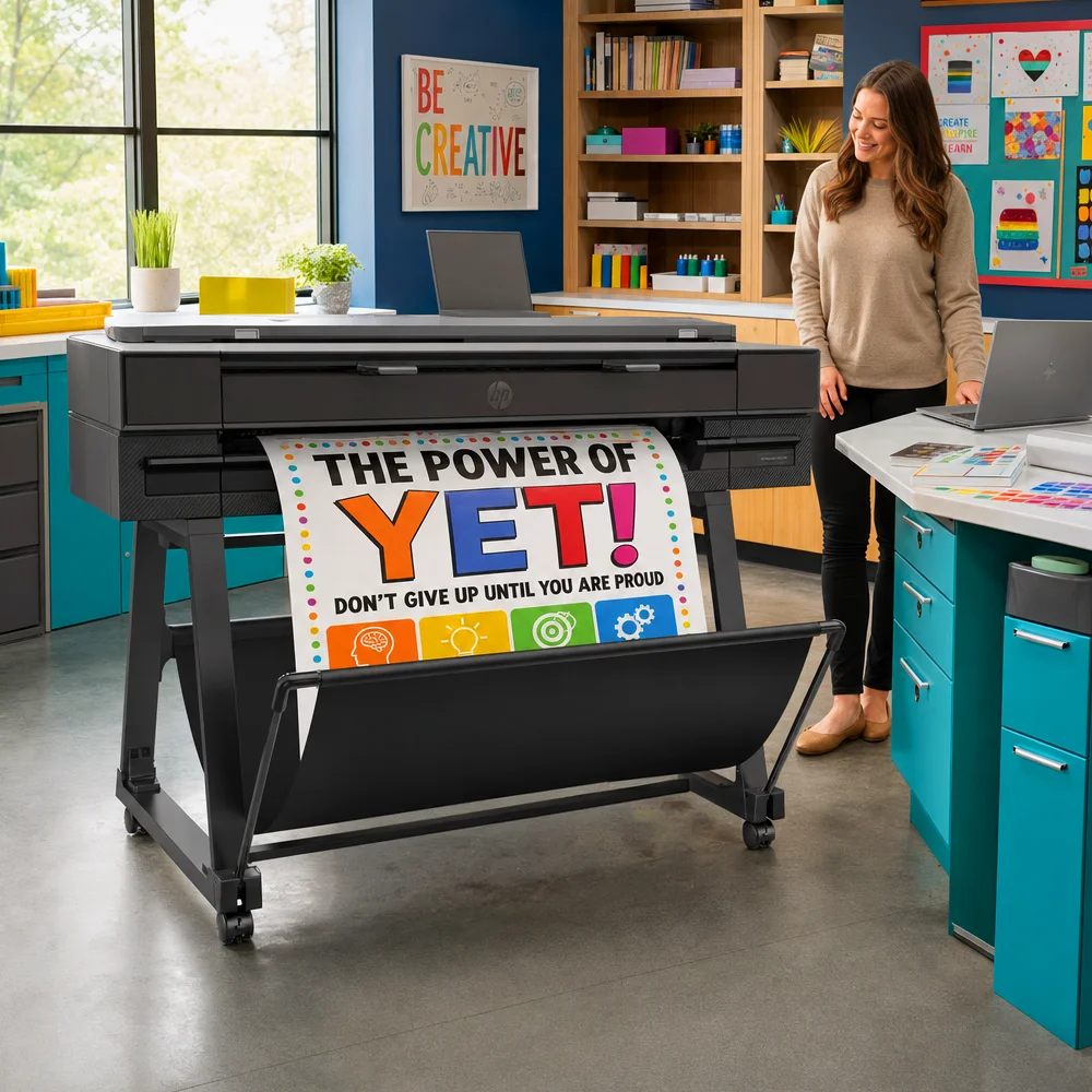 Affordable School Poster Maker Printing Colorful Classroom Posters Studio 36 Poster Maker printing a colorful motivational classroom poster as a teacher watches in a school printing room