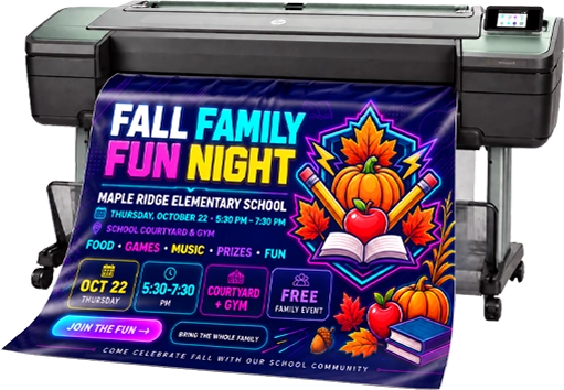 Poster printer for schools printing a fall family fun night banner