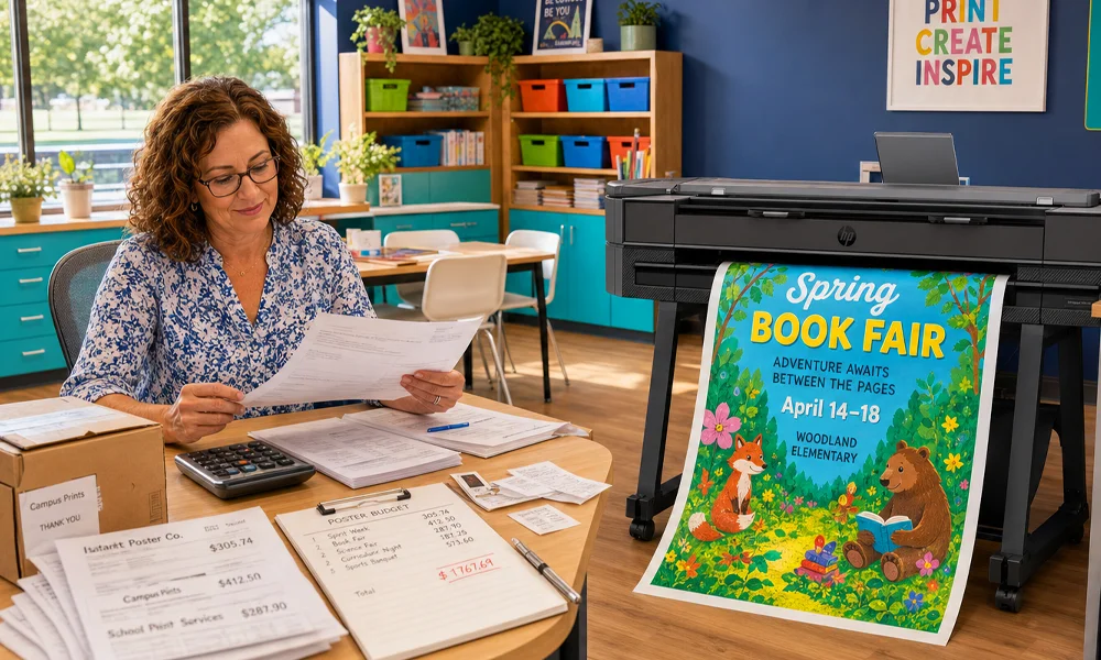 School administrator reviewing printing costs beside a Studio 36 Poster Maker printing a colorful Spring Book Fair poster